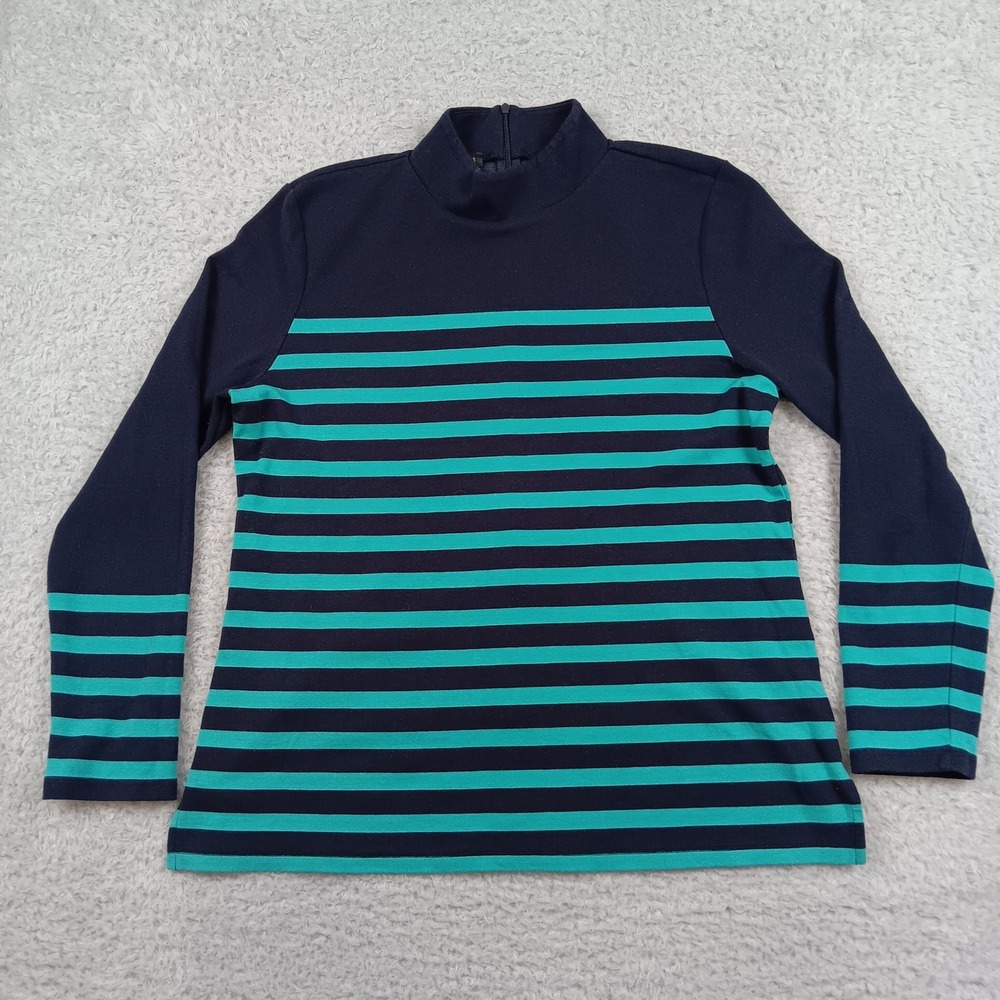 Talbots Top Mock Neck Woman L Navy Blue Teal Striped Back Zip VN259 06/17
